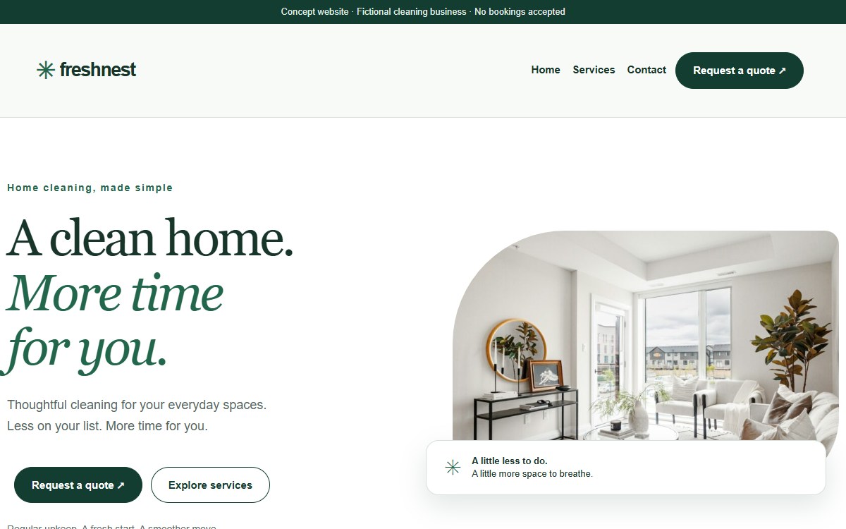 FreshNest concept homepage showing its headline, navigation, and primary image